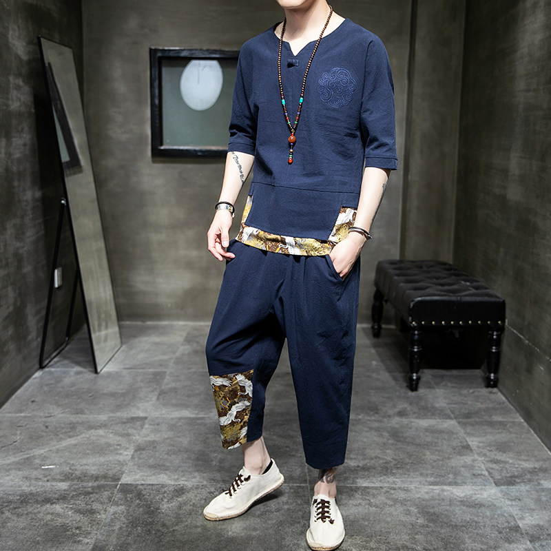 중국 스타일 남자 정장 중국 스타일 버클 청소년 유행 면화와 린넨 접합 유행 복고풍 여름 반팔 티셔츠 정장