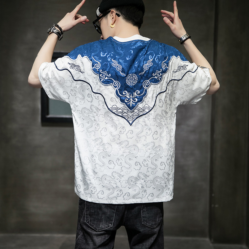 중국 스타일 남성 반팔 티셔츠 여름 얼음 실크 얇은 섹션 유행 민족 스타일 실크 느슨한 반소매 무거운 자수