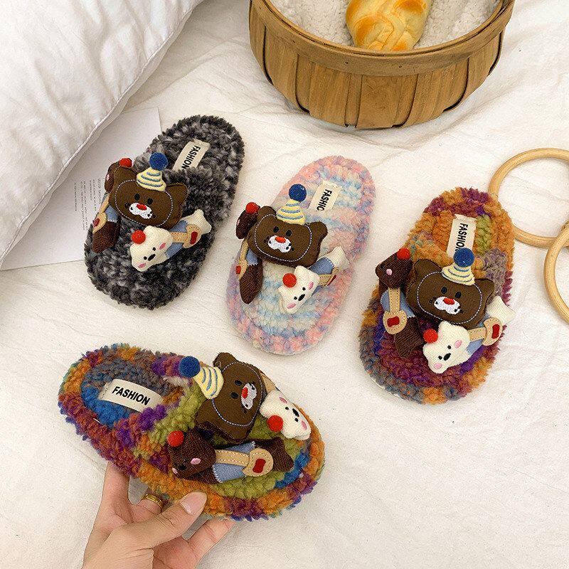 童鞋2026秋冬新款儿童条纹毛绒棉拖鞋时尚百搭可爱小熊毛毛拖鞋女
