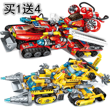 儿童积木拼装玩具益智5岁男孩子7警车8合体女警察积木军事飞机6