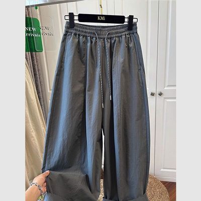 灰绿色弯刀休闲裤女夏季薄款大码胖mm气球裤小个子宽松显瘦阔腿裤