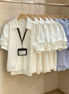 白色短袖衬衣夏新款V领职业装面试通勤商务上衣套装泡泡袖衬衣女