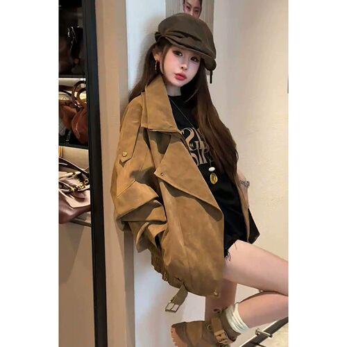 美拉德复古棕色机车麂皮外套女春季高级感宽松翻领廓形感夹克上衣