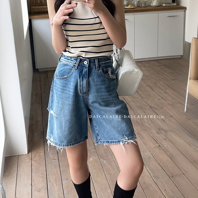 daiclaire代嘉儿1326牛仔裤女夏季新款高腰破洞毛边五分阔腿中裤