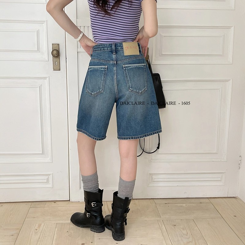 daiclaire代嘉兒1605牛仔褲女夏季高腰無彈闊腿五分褲藍色中褲