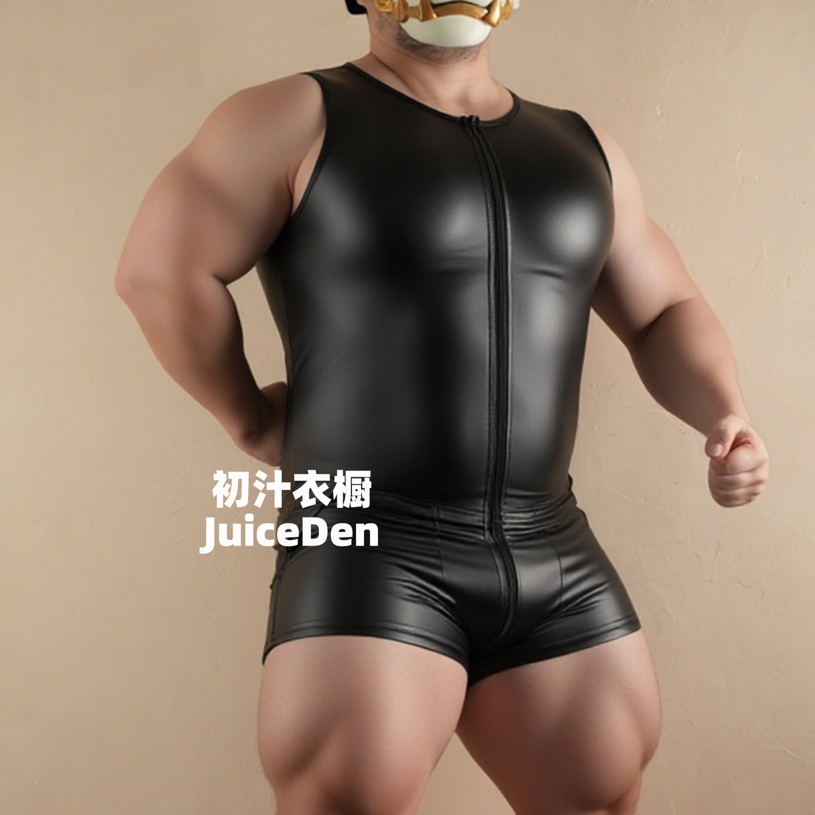 初汁 PU连体皮革紧身塑拉链无袖性感男士亮皮衣皮裤弹力酒吧gogo
