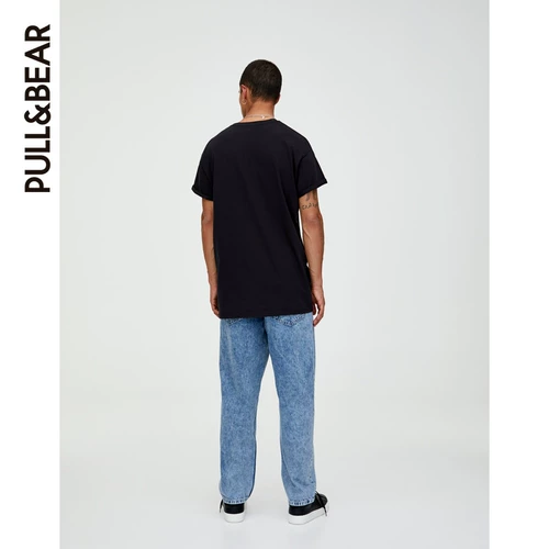 Pull & Bear Basic Cotton's Men's Short -Sleeed T -Fork Black Spring и летние новые продукты 09230572800
