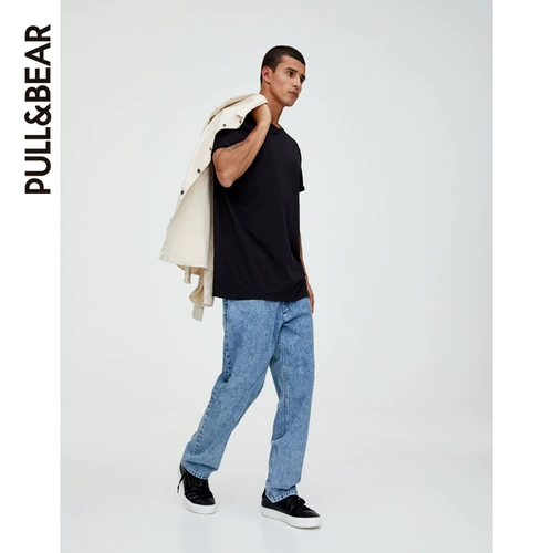 Pull & Bear Basic Cotton's Men's Short -Sleeed T -Fork Black Spring и летние новые продукты 09230572800
