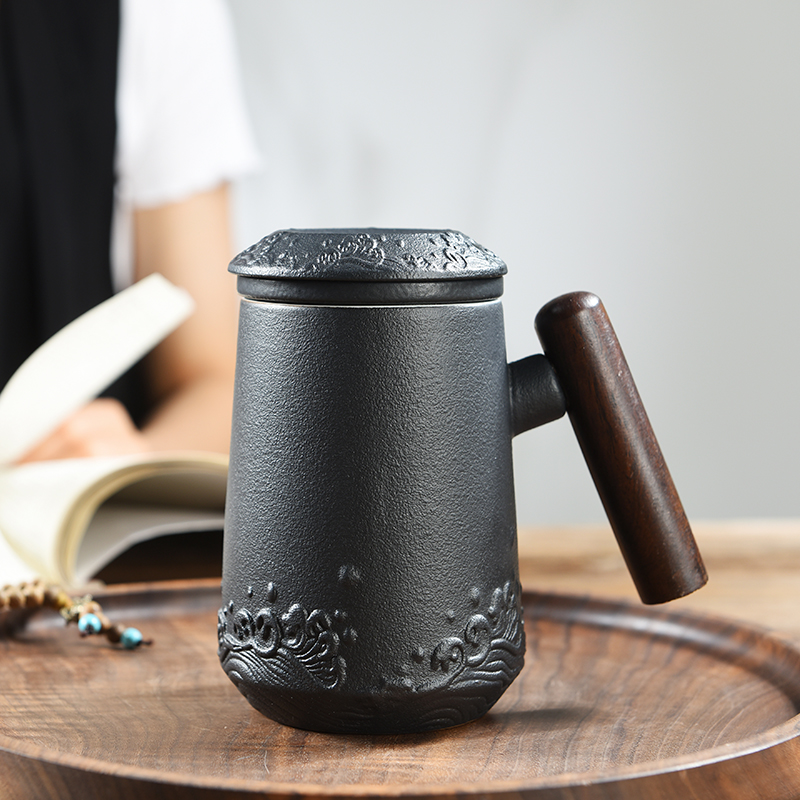 士达陶瓷马克杯定制带盖不锈钢过滤茶杯家用办公室木柄泡茶水杯券后48.00元