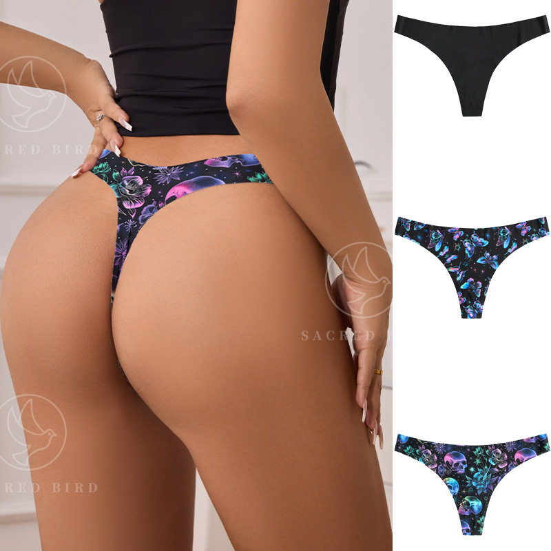 欧美个性印花丁字裤女低腰冰丝