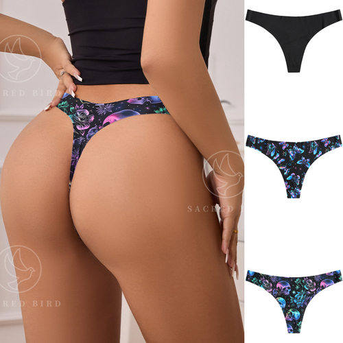 欧美个性印花丁字裤女低腰冰丝