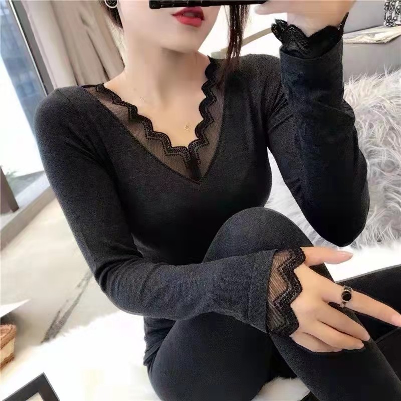 欧洲站蕾丝发热纤维保暖内衣女大V领性感美体修身套装女秋衣秋裤,女士内衣/男士内衣/家居服,保暖上装,淘宝优惠券,粉丝福利购,淘宝优惠卷