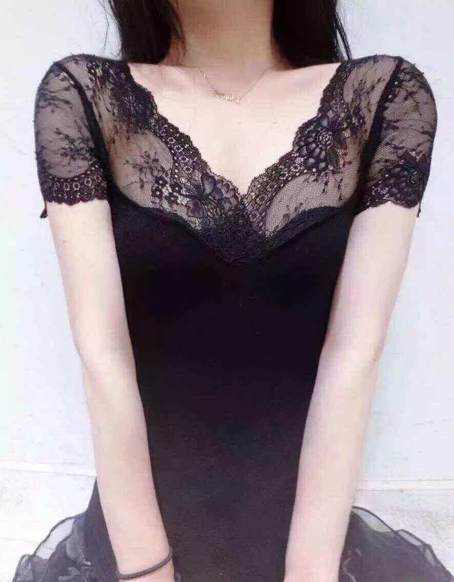 秋冬新款V领蕾丝女打底衫镂空内搭上衣弹力修身百搭内衫保暖薄款