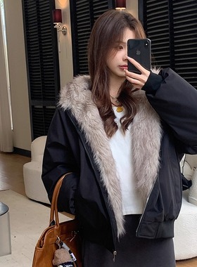 黑色羽绒棉服女2025冬季新款座山雕猫耳朵连帽棉袄加厚棉衣外套潮