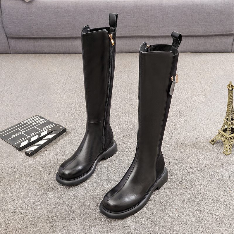 长筒靴女骑士靴2025年春秋新款真皮平底单靴英伦风显瘦弹力高筒靴