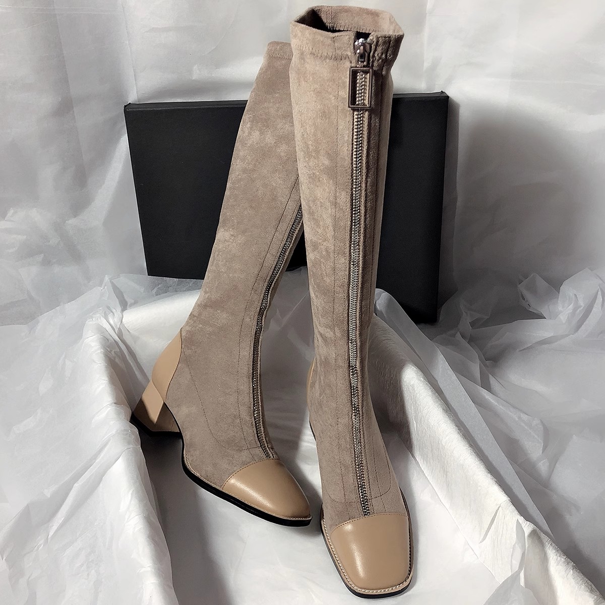 鞋时光弹力不过膝长靴女高跟拼色