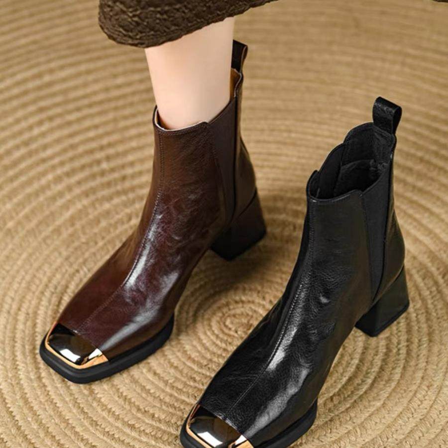 真皮粗跟马丁靴女2025年秋冬单靴方头英伦风套筒短靴女高跟短筒,女鞋,时装靴,淘宝优惠券,粉丝福利购,淘宝优惠卷
