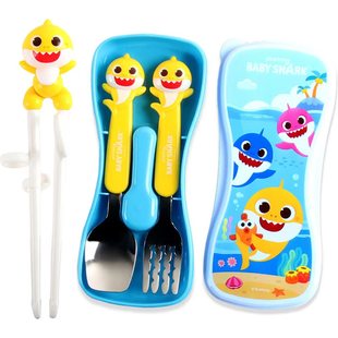 碰碰狐鲨鱼宝宝儿童筷子训练筷3岁6一12岁宝宝餐具套装外出携带勺