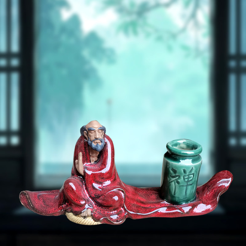 石湾陶瓷创意工艺品客厅摆设达摩笔筒diy花盆办公桌面前台摆件