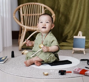 一周岁礼服男宝中式真丝抓周冠衣宝宝百天绿色唐装桑蚕丝短袖夏季