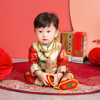 周岁宴礼服男宝宝红色抓周服
