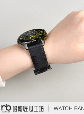 适用华为手表表带watch4pro新款gt3鲨齿龙男款buds夏季荣耀magic2夏天真皮皮质gtrunner智能e男士22mm通用por