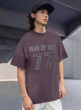 FEAR OF GOD FOG字母77贴布刺绣美式潮牌水洗做旧宽松男女短袖T恤