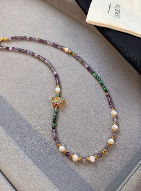 天然淡水珍珠彩虹蝴蝶紫色石头多巴胺串珠项链女轻奢小众锁骨颈链