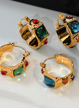 中古珐琅彩宝石色多巴胺耳环女款小众设计高级感耳扣2025新款耳饰