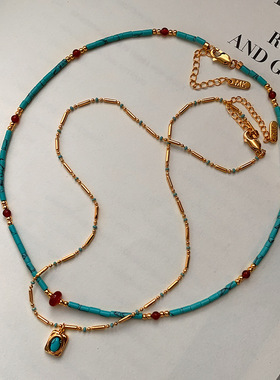 天然红玛瑙绿松色石串珠毛衣项链配饰女秋冬叠戴高级感锁骨链颈链