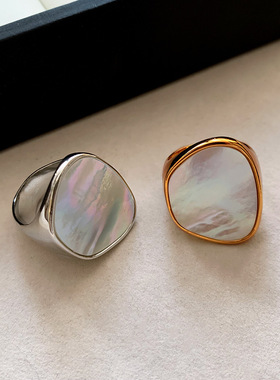 欧美复古金色白贝母戒指女小众设计高级感冷淡风个性夸张食指指环
