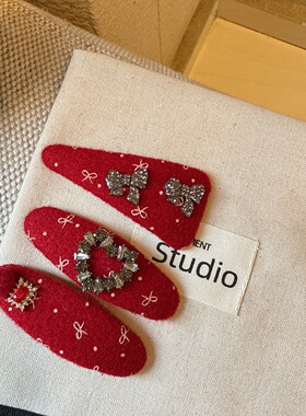 韩国新款新年红色满钻蝴蝶结bb夹时尚复古爱心发夹百搭刘海夹边夹