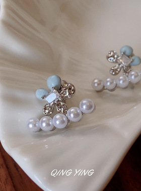 甜美蓝色滴油花朵珍珠耳钉耳环女小众轻奢精致一款两戴气质耳饰