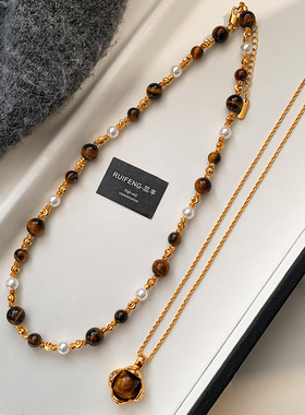 天然虎眼石美拉德穿搭长款毛衣项链服装配饰女高级感叠戴锁骨颈链