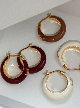 安可拉红色珐琅滴釉圆圈耳环女复古轻奢小众设计耳扣耳圈气质耳饰