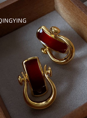 红色滴釉马蹄扣中古vintage耳钉耳环女复古小众设计高级感ins耳饰
