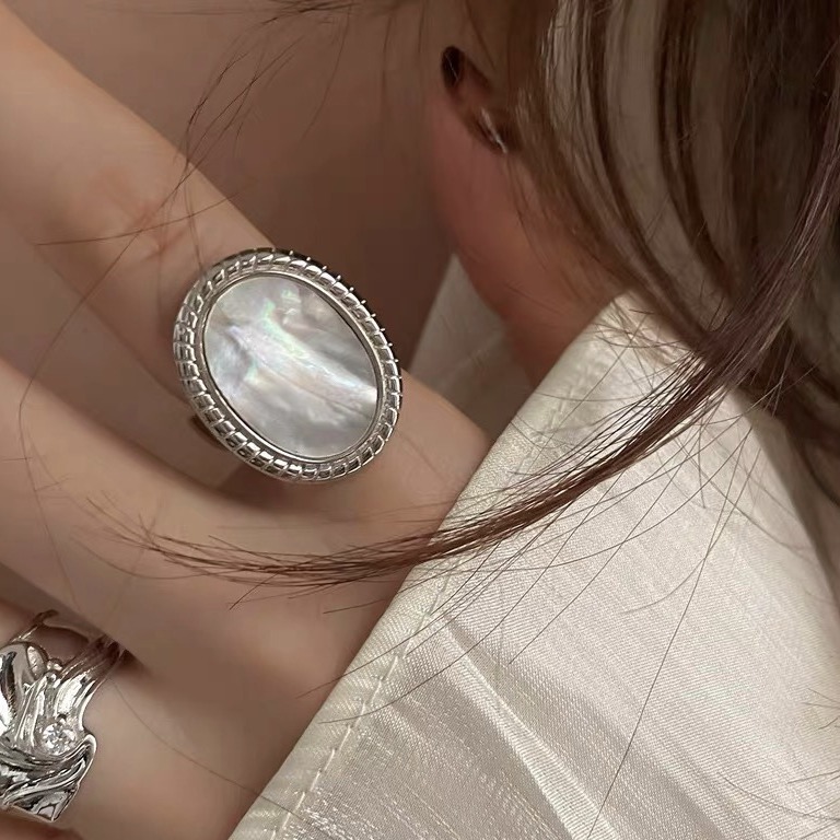 韩版铜镀厚银椭圆贝母戒指女复古时尚几何不规则开口指环嘻哈食指