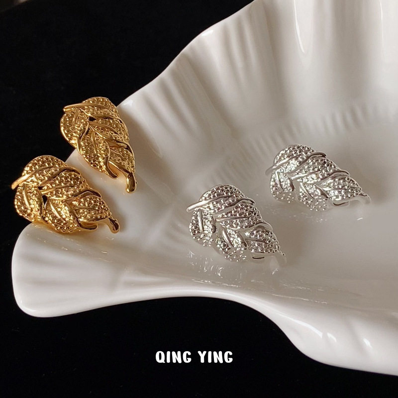 法式复古设计感金属树叶耳钉耳环女冷淡风精致简约耳饰925银针