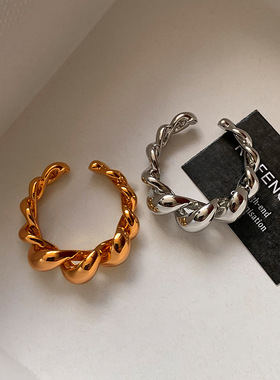 法式金属银色麻花扭结开口食指戒指女小众设计轻奢高级感调节指环