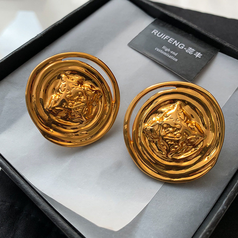 大嫂同款港风金色复古几何图形纽扣耳钉女轻奢高级感精致耳环耳饰