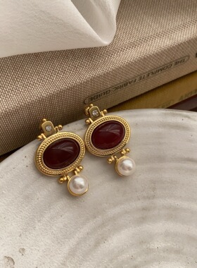 气质独特宫廷风复古红色显白玛瑙耳环独特设计高级感夸张小众耳钉