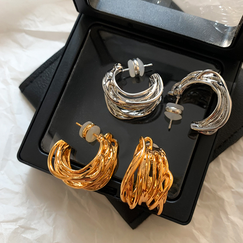 欧美不规则金色耳环女小众设计高级2025爆款金属独特夸张耳钉耳饰