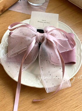 韩版新款灰蓝色碎钻双层超仙网纱蝴蝶结发夹头饰发饰后脑勺顶夹