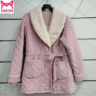 猫人女士中长睡袄澳毛绒大翻领睡袍系带式保暖冬季家居服23601664