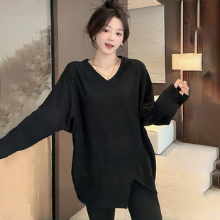 T恤宽松内搭上衣女 不规则开叉打底衫 秋冬新款 百搭加绒磨毛V领长袖