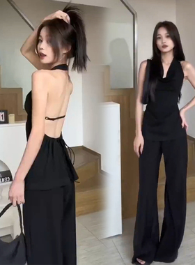 挂脖露背上衣搭配阔腿裤女2024新款夏季夏装一整套装时尚辣妹穿搭