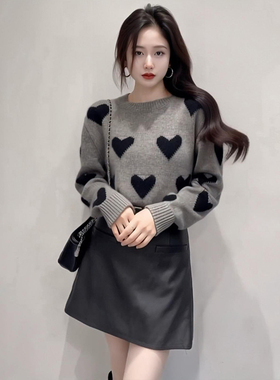 秋冬季穿搭韩系慵懒风撞色爱心图案套头针织衫毛衣半身裙两件套装