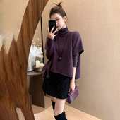 韩系宽松慵懒风圣诞红高领针织斗篷披肩女秋冬季 打底内搭上衣套装