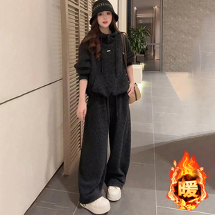 炸街穿搭一整套女装 秋冬季 洋气衣服 子套装 加绒加厚连帽卫衣搭配裤