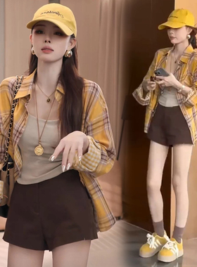 衬衫吊带短裤三件套装入秋穿搭一整套网红洋气炸街女装小众高级感